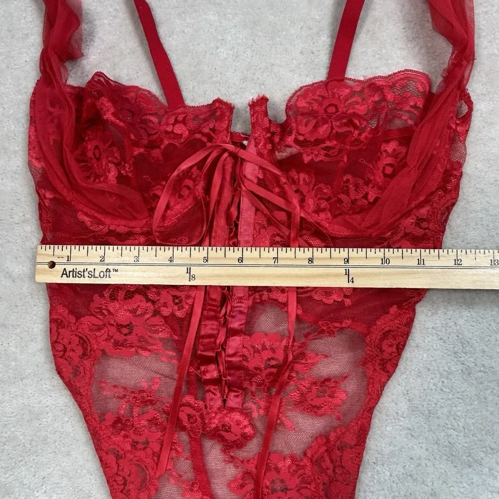 Victoria's Secret Vintage Gold Label Red Lace Sheer Teddy Size 34C Made In USA